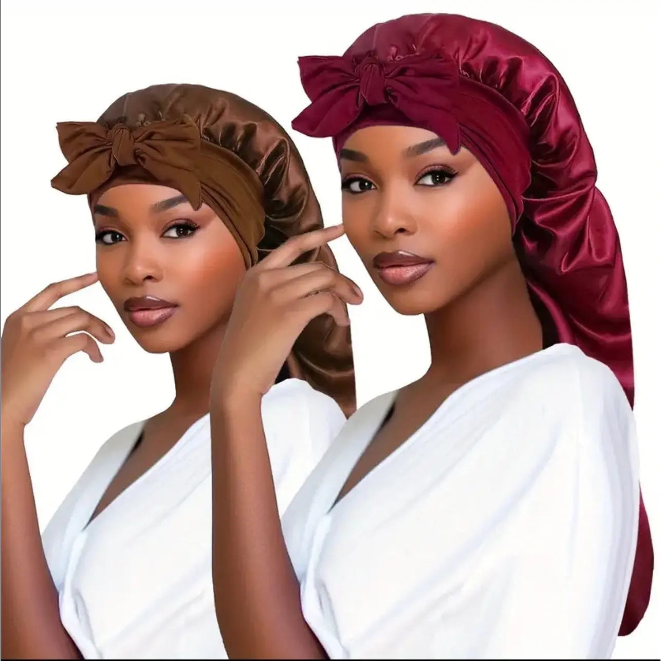 Women's Elastic Tie Band Long Satin Bonnet for Long Curly Hair - Gentle Hair Care Sleeping Cap with Smooth Texture and Soft Inside Chic Le'Meek