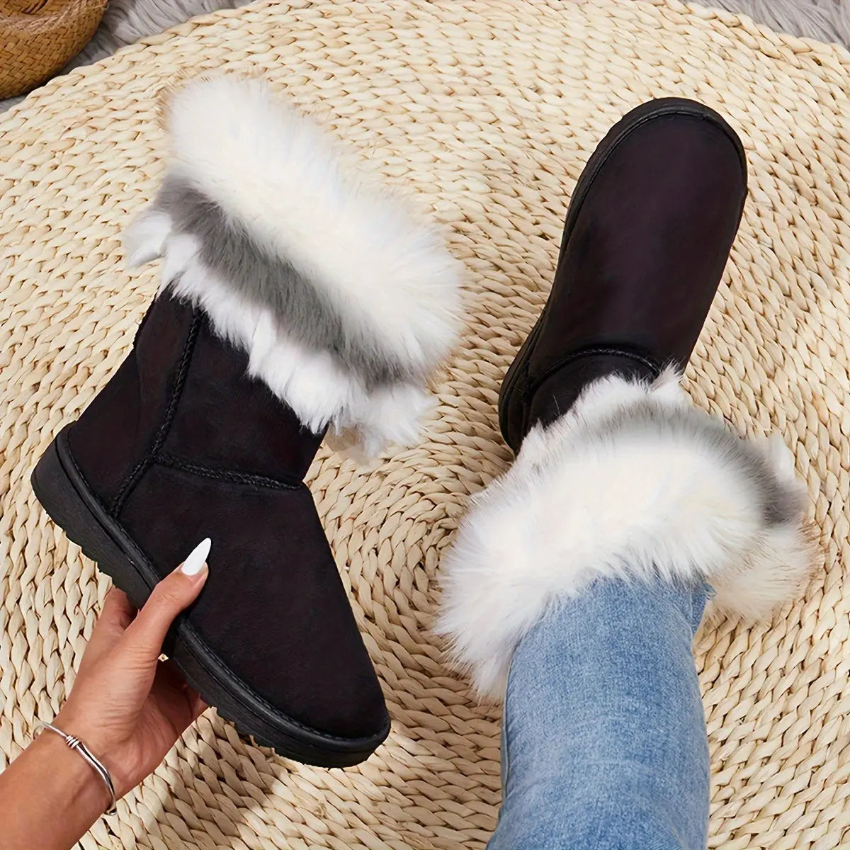 Women's Warm Snow Boots, Fashion Faux Fur Slip On Boots, Women's Comfortable Winter Boots Chic Le'Meek