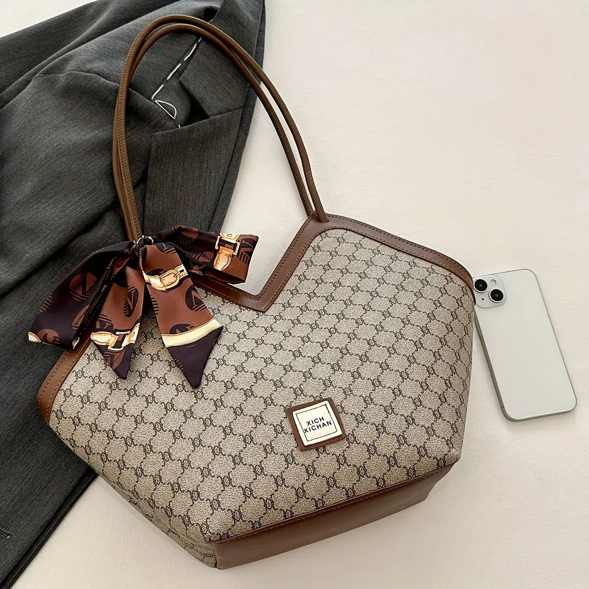LABOONOO Women'S Vintage-Inspired Tote Bag with Scarf - Elegant, Large Capacity, Zip Closure, Grey & Beige Pattern, Perfect for Casual or Retro Outfits Chic Le'Meek