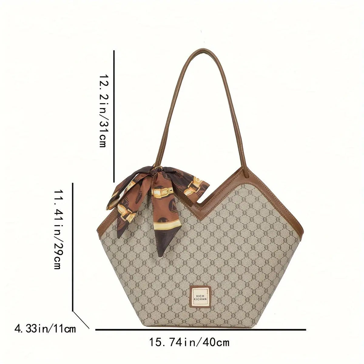 LABOONOO Women'S Vintage-Inspired Tote Bag with Scarf - Elegant, Large Capacity, Zip Closure, Grey & Beige Pattern, Perfect for Casual or Retro Outfits Chic Le'Meek