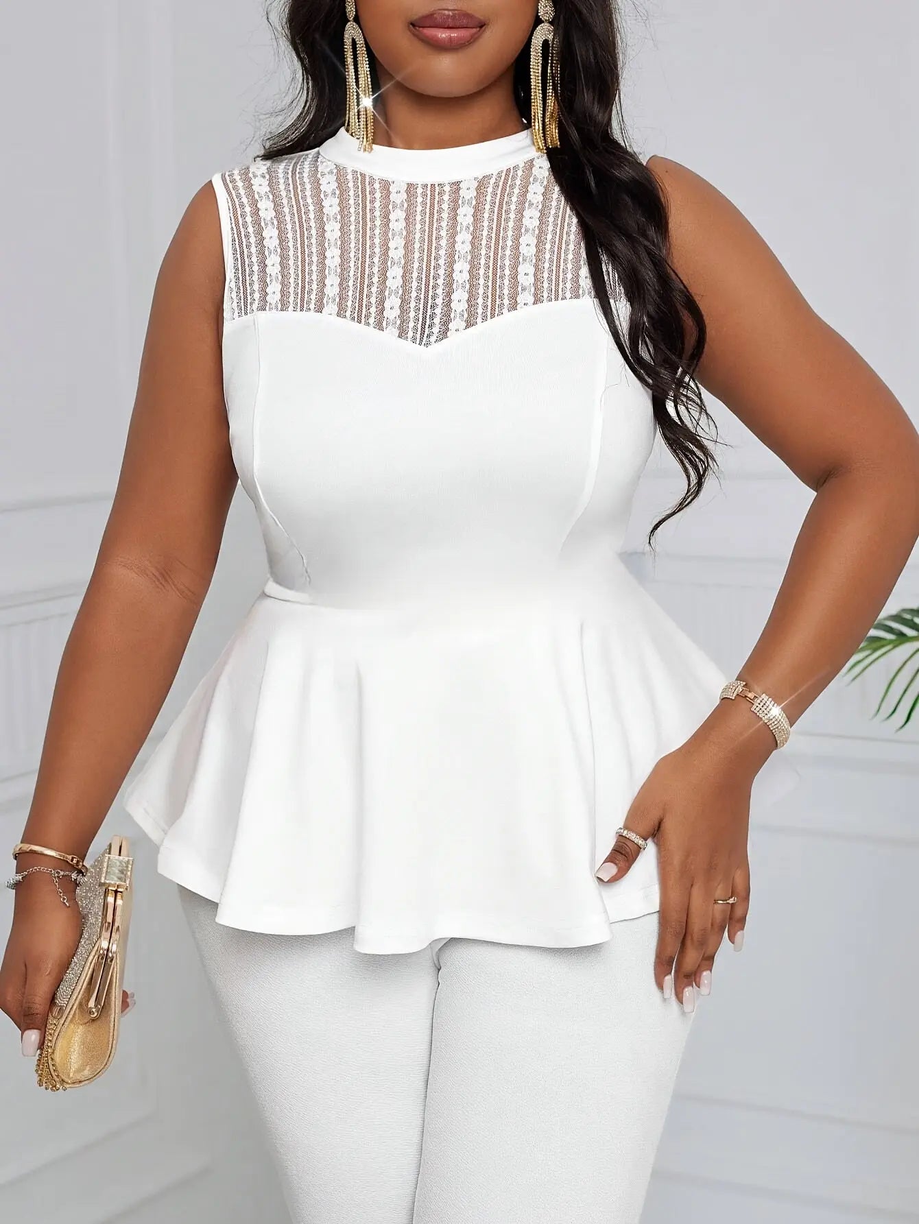 Elegant White Lace-Trimmed Sleeveless Peplum Top with Ruffled Hem, Cinched Waist, and High-Neck Design for Women - Perfect for Parties and Casual Outings Chic Le'Meek