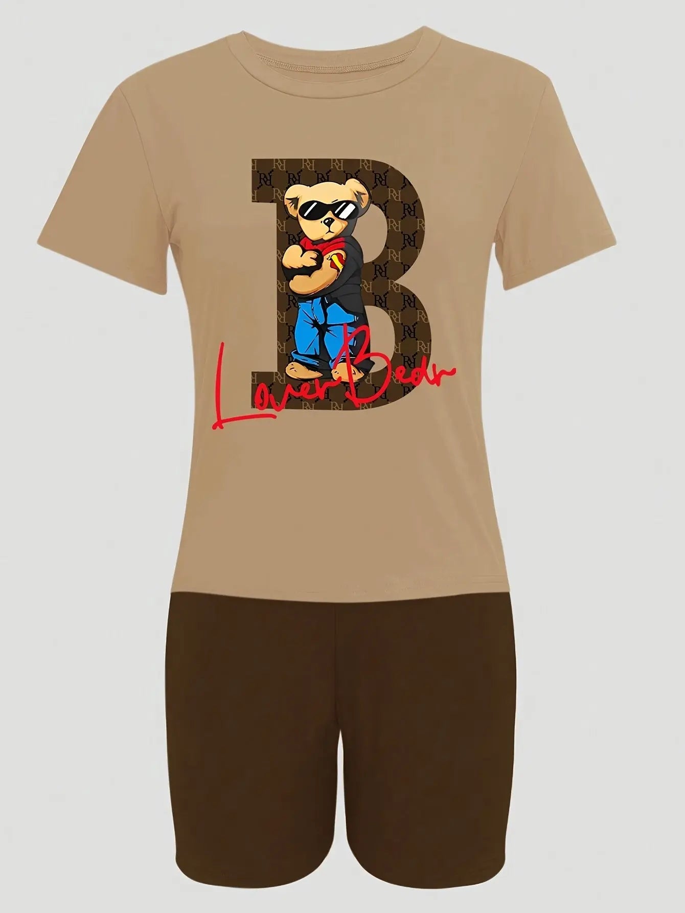 2pcs/set Of Casual Bear Letter Printed Short-sleeve T-shirts And Shorts Chic Le'Meek
