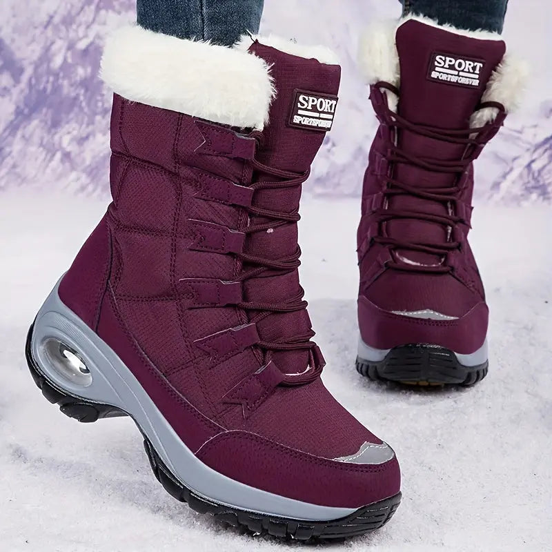 Warmth & Comfort Guaranteed: Womens Thickened Air Cushion Snow Boots - Flannel Lined, Non-Slip, Round Toe, PU Sole, Non-Woven Upper - Perfect for Hiking and Winter Activities Chic Le'Meek