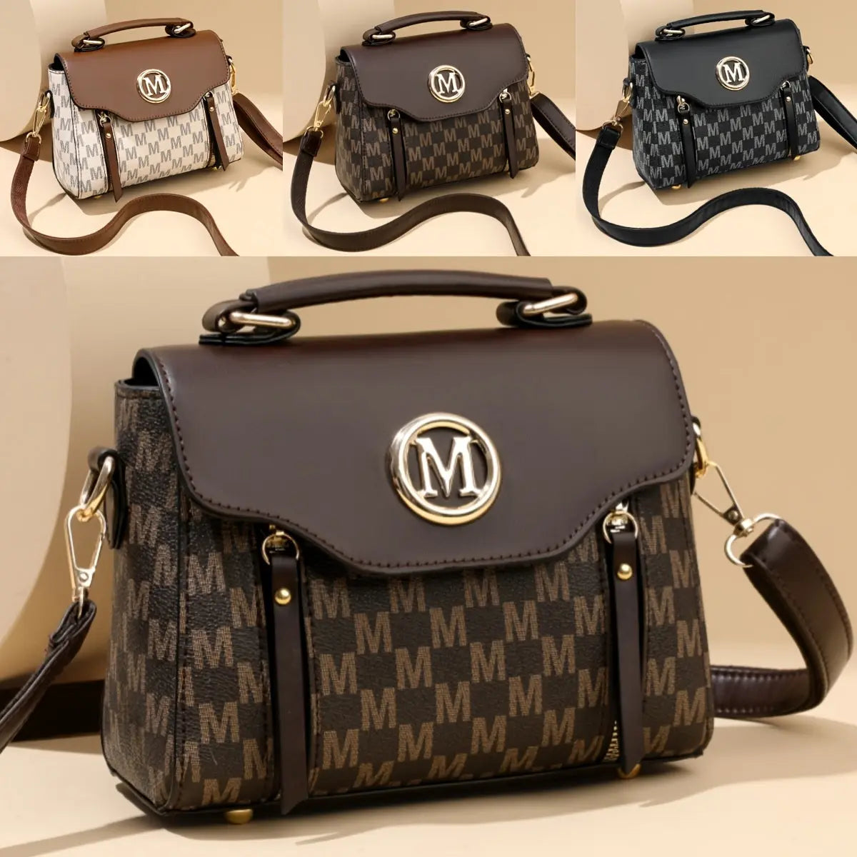 Vintage Geometric Women's Handbag - Large Capacity PU Shoulder Bag with Golden-Tone Hardware, Herringbone Pattern & Letter "M" Design, Detachable Strap, Perfect for Everyday Use (Light Brown/White/Black) Chic Le'Meek
