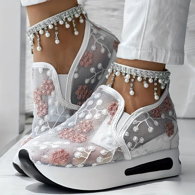Floral Embroidery Sheer Mesh Sneakers Temu