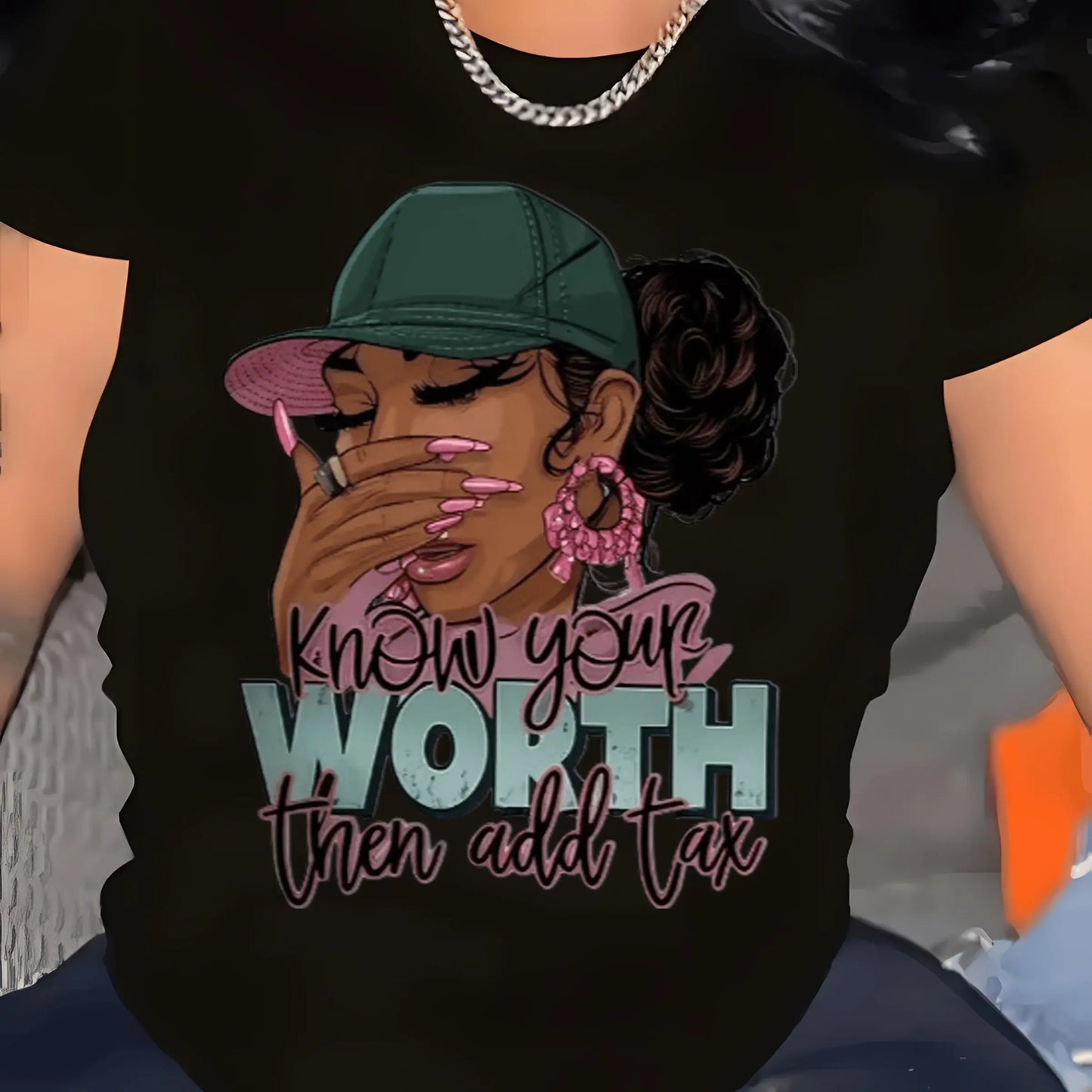 Plus Size Women's Cotton T-Shirt - "Know Your Worth Then Add Tax" Empowering Graphic Tee with Stylish Woman & Fashion Glasses Design, Breathable Round Neck Short Sleeve Casual Top for Spring/Summer, Ladies T Shirts, Casual At Chic Le'Meek