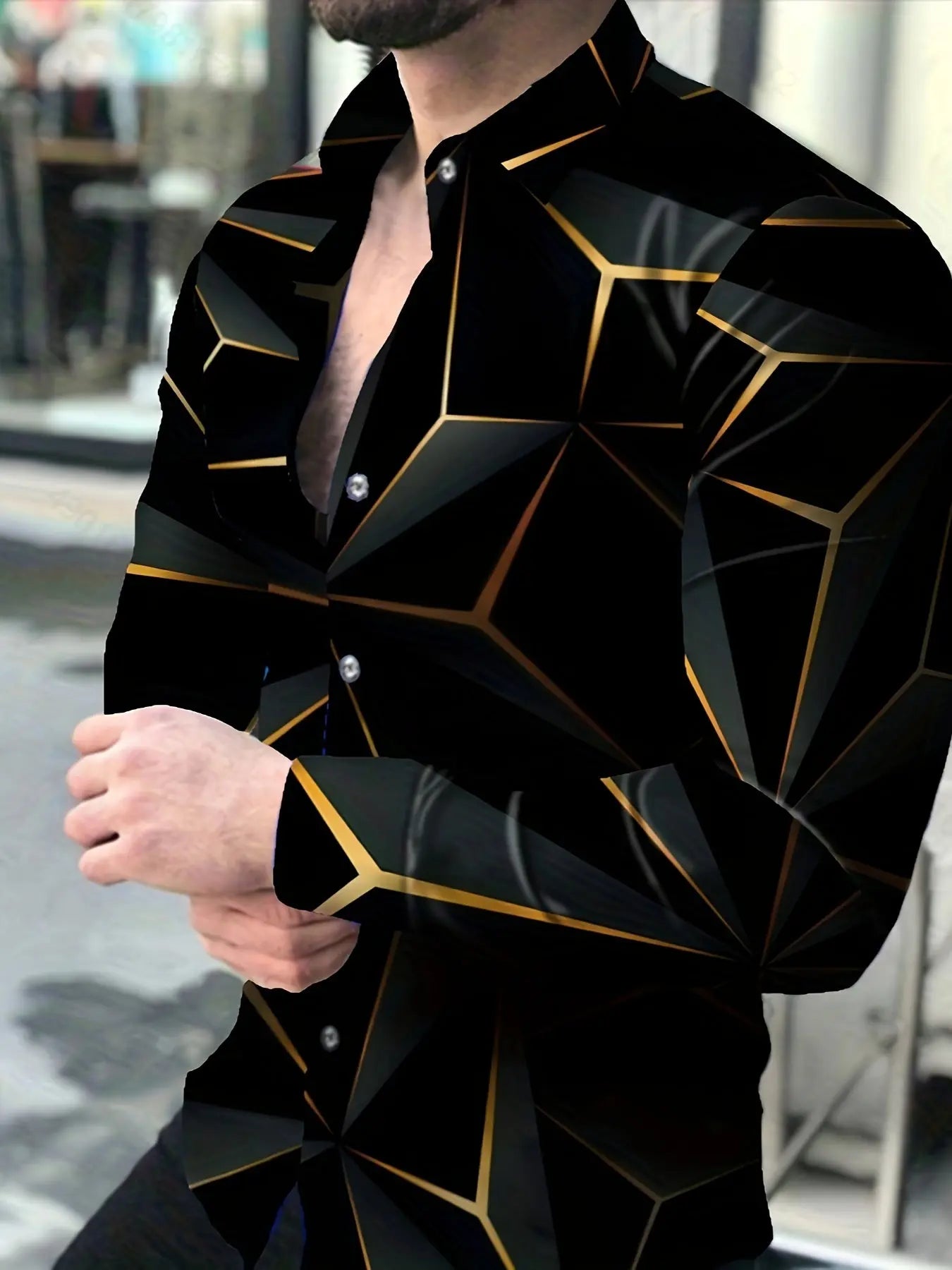 Mens Long Sleeve Geometric Print Lapel Shirt - Slim Fit, Button Down, Polyester, Woven, Non-Stretch, Casual Style for Daily Wear, Spring and Fall Seasons Temu