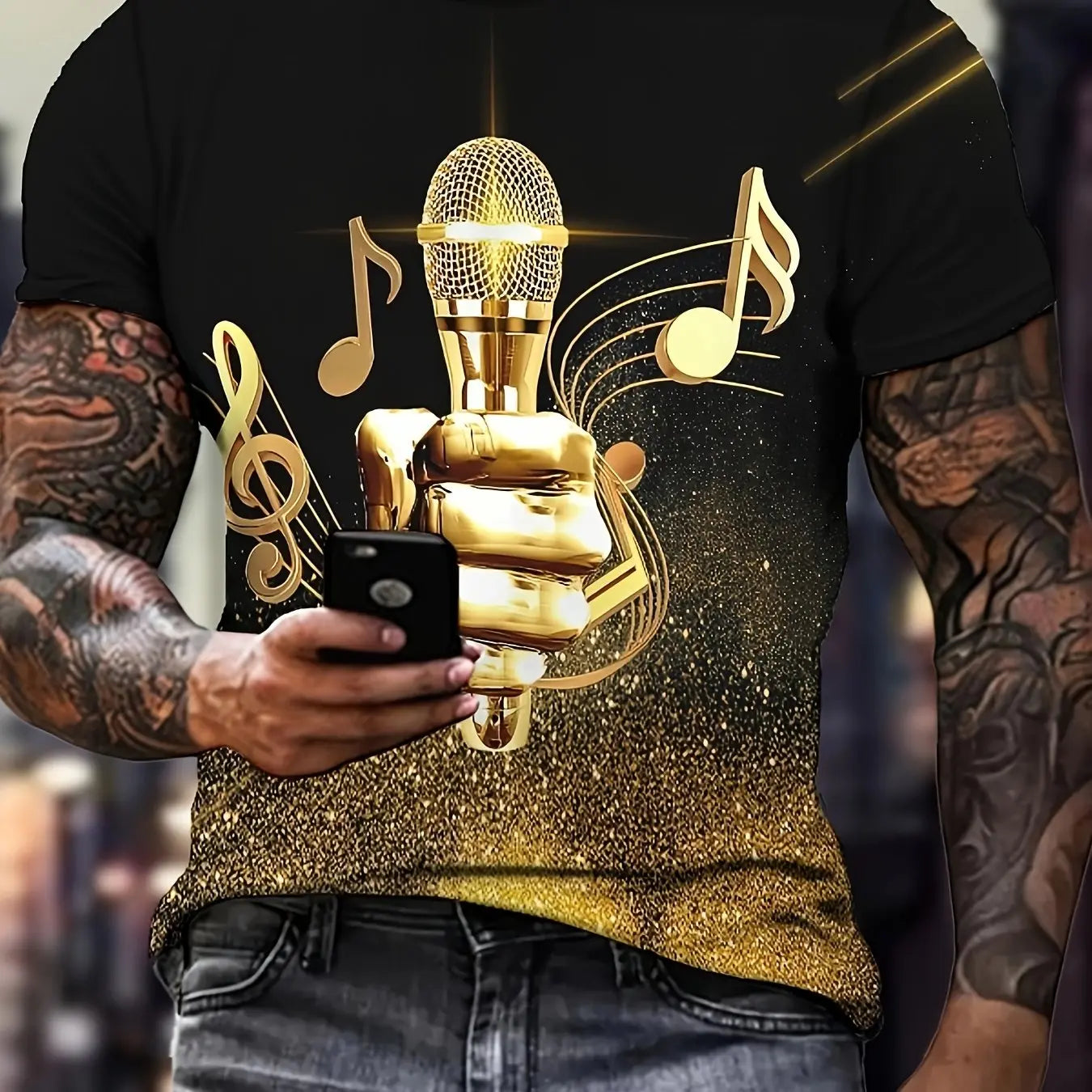 Mens 3D Printed Microphone & Notes Graphic Tee - Comfortable Crew Neck, Short Sleeves, Fashionable Summer Style - Music Inspired, Trendy Leisurewear Temu