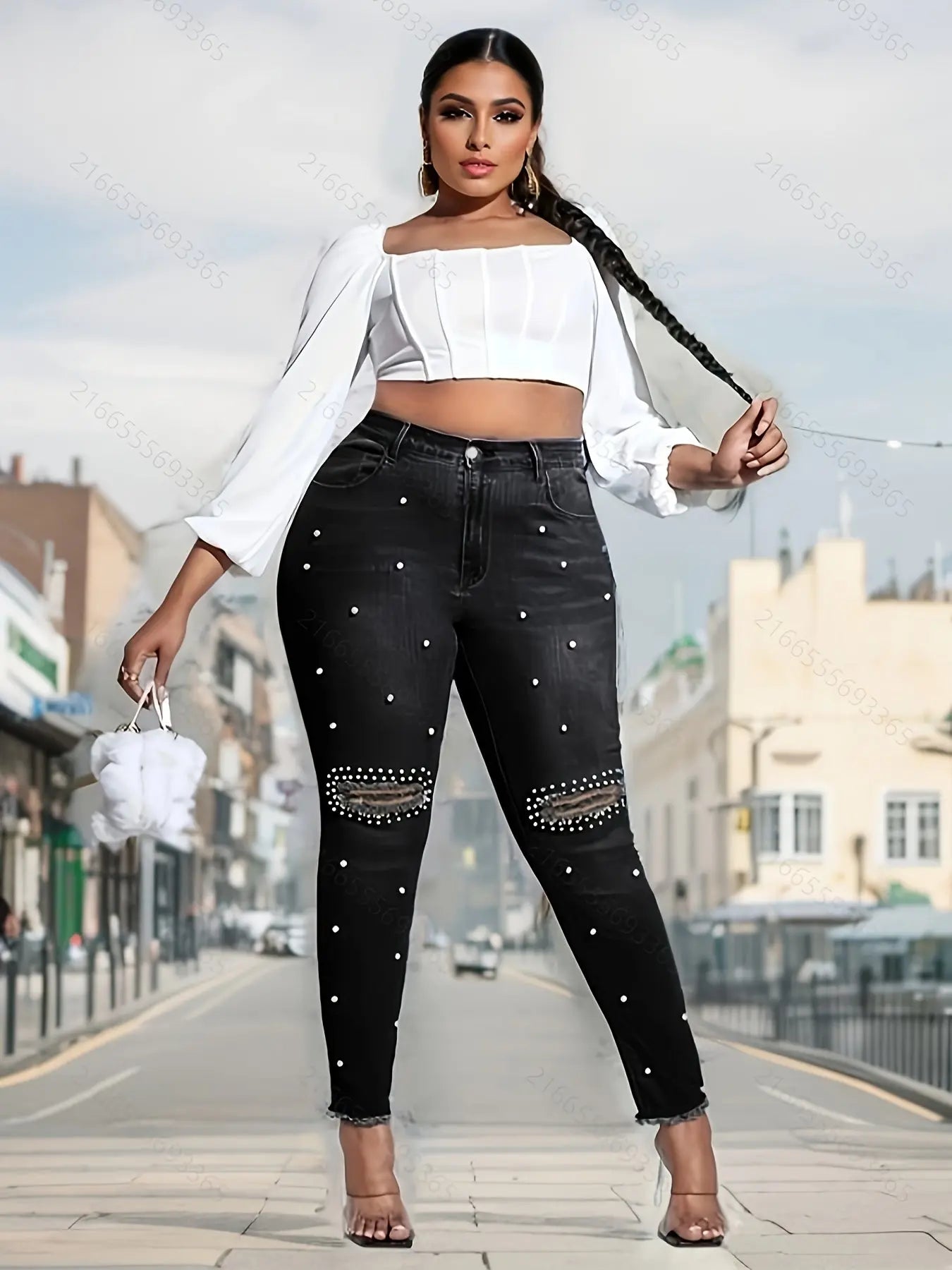 Plus Size Casual Jeans, Women's Plus Faux Pearl Decor Washed Ripped Button Fly Fringe Trim High Rise High Stretch Skinny Jeans For Fall Temu