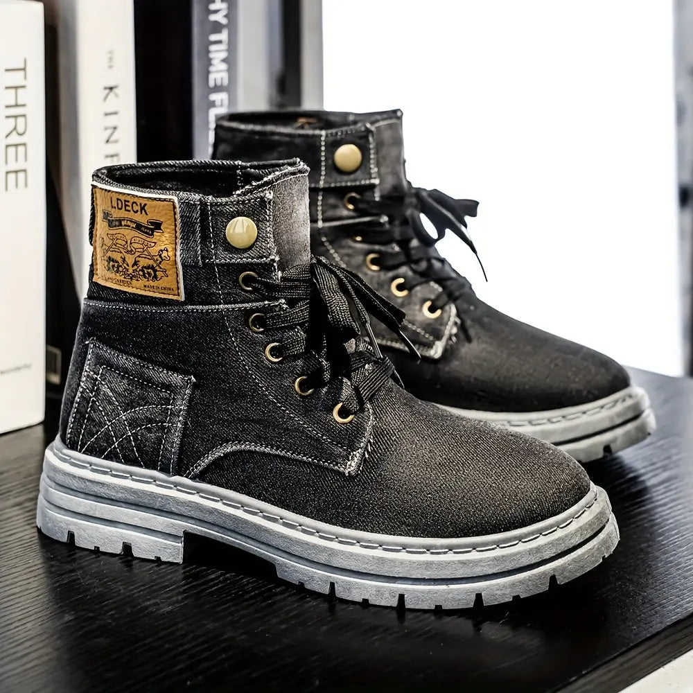 Men's Thick Anti-Slip Shock-Absorbing Ankle Boots - Durable PU Upper & PVC Sole, All-Season Versatile Lace-Up Shoes for Casual, Outdoor & Daily Wear, Casual Streetwear, Modern Street Footwear, Comfortable Fabric Insole Chic Le'Meek