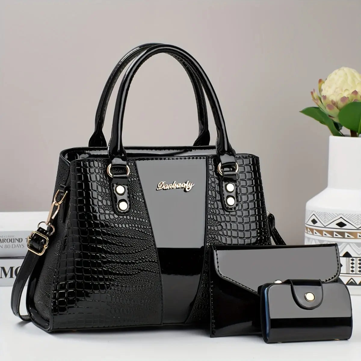 3pcs Elegant PU Handbag Set, Crocodile Pattern Large Capacity Crossbody Bag with Coin Purse and Card Holder, Lightweight Shoulder Bag with Sequins and Zipper Closure Chic Le'Meek
