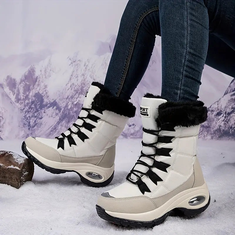 Warmth & Comfort Guaranteed: Womens Thickened Air Cushion Snow Boots - Flannel Lined, Non-Slip, Round Toe, PU Sole, Non-Woven Upper - Perfect for Hiking and Winter Activities Chic Le'Meek