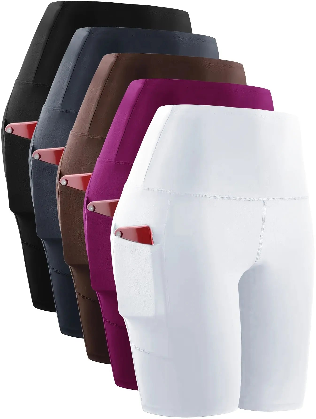 5pcs Set Of 5-inch High Waisted Knight Shorts, Women's Pockets, Ultra Soft Abdomen Control, No Perspective Exercise, Running, Yoga Exercise Shorts, 6-inch Length Chic Le'Meek