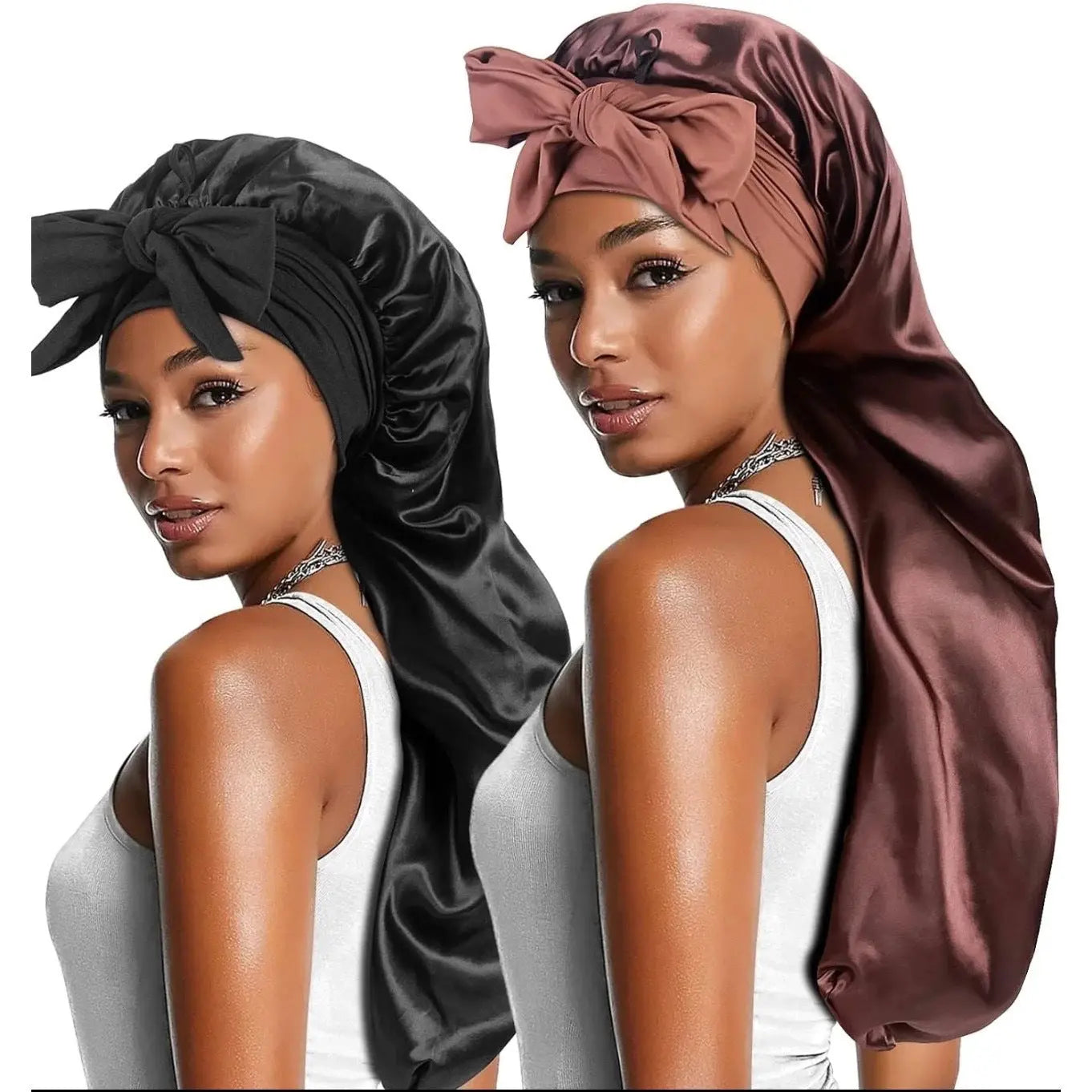 Women's Elastic Tie Band Long Satin Bonnet for Long Curly Hair - Gentle Hair Care Sleeping Cap with Smooth Texture and Soft Inside Chic Le'Meek