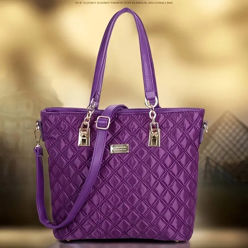 6pcs Chic Argyle Quilted Women's Purse Set - Stylish Solid Color Tote Bag with Boston Handbag, Crossbody Bag, Long Wallet, Wristlet Clutch, Coin Purse, and Key Holder - Perfect for Daily Use, Travel, and Work Chic Le'Meek