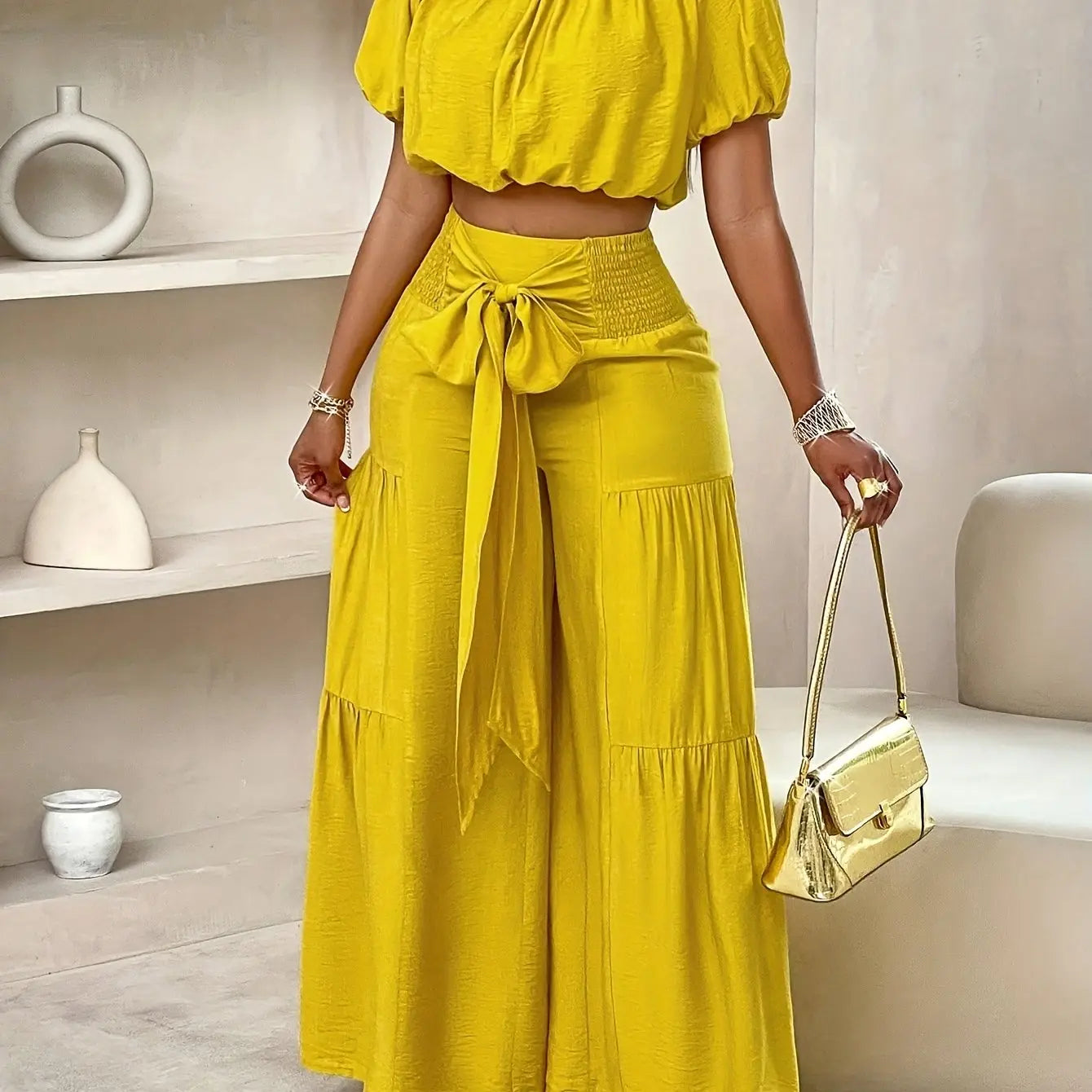 Women'S Summer Plus Size Beach Vacation Style One Shoulder Puff Sleeve Ruffle Off Shoulder Cropped Top And Wide Leg Pants Set Chic Le'Meek