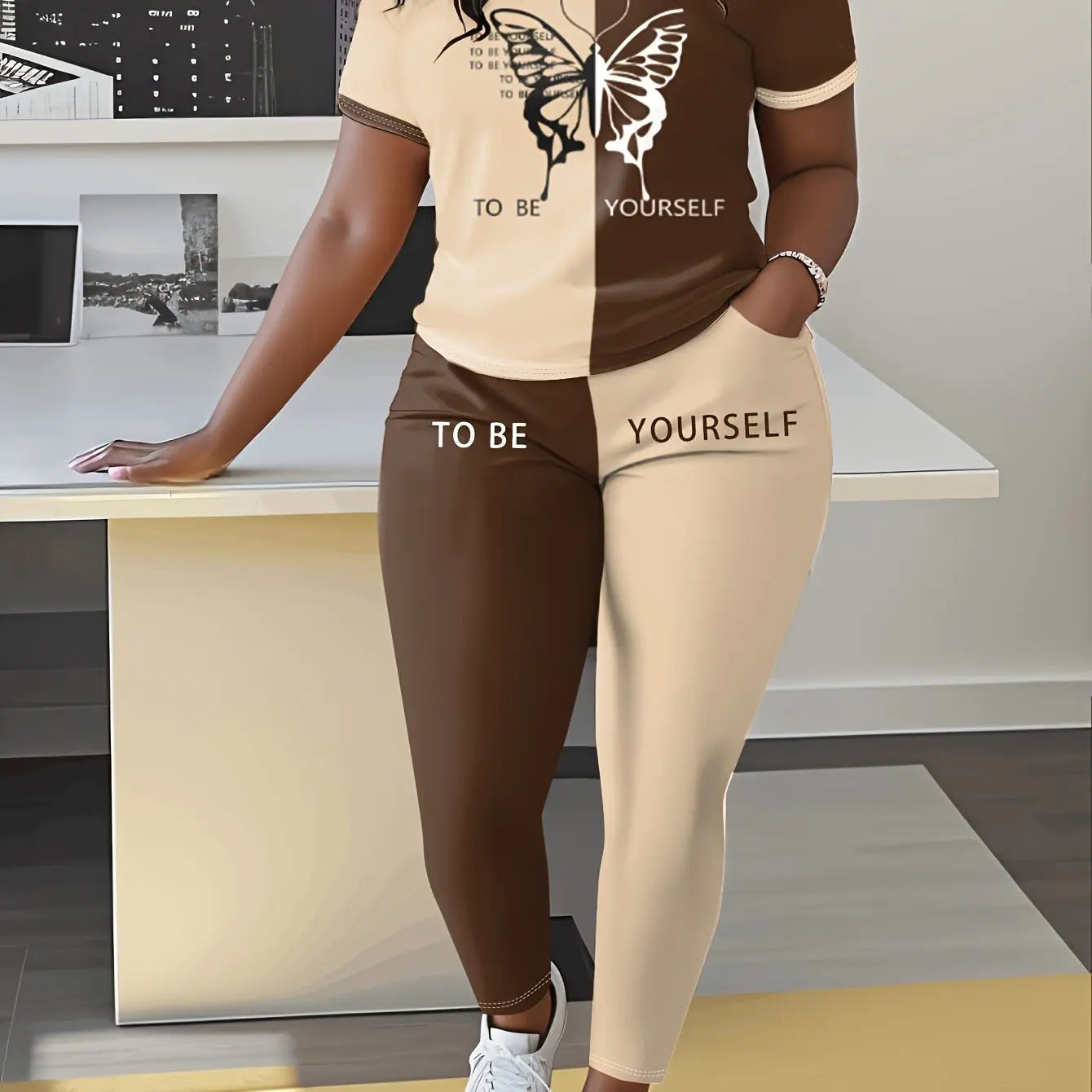 Plus Size Butterfly Print Casual Two-Piece Set - Short Sleeve & Pants, Stretchy Polyester Blend, Machine Washable Chic Le'Meek