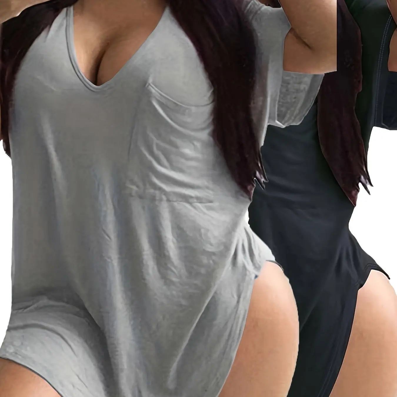 Large Size V-Neck Pocket Irregular Hem Short-Sleeved Top T-Shirt Two-Piece Set Chic Le'Meek