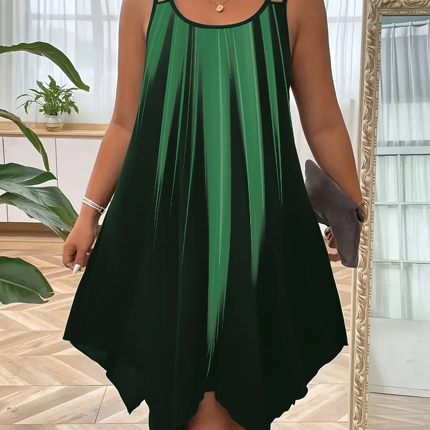 Plus Size Ombre Print Cami Slip Dress - Spaghetti Strap, Sleeveless, Crew Neck, Dual Strap, Asymmetrical Hem, Medium Stretch, Polyester, Random Printing, Vacation Style for Spring, Summer, and Fall Seasons Temu