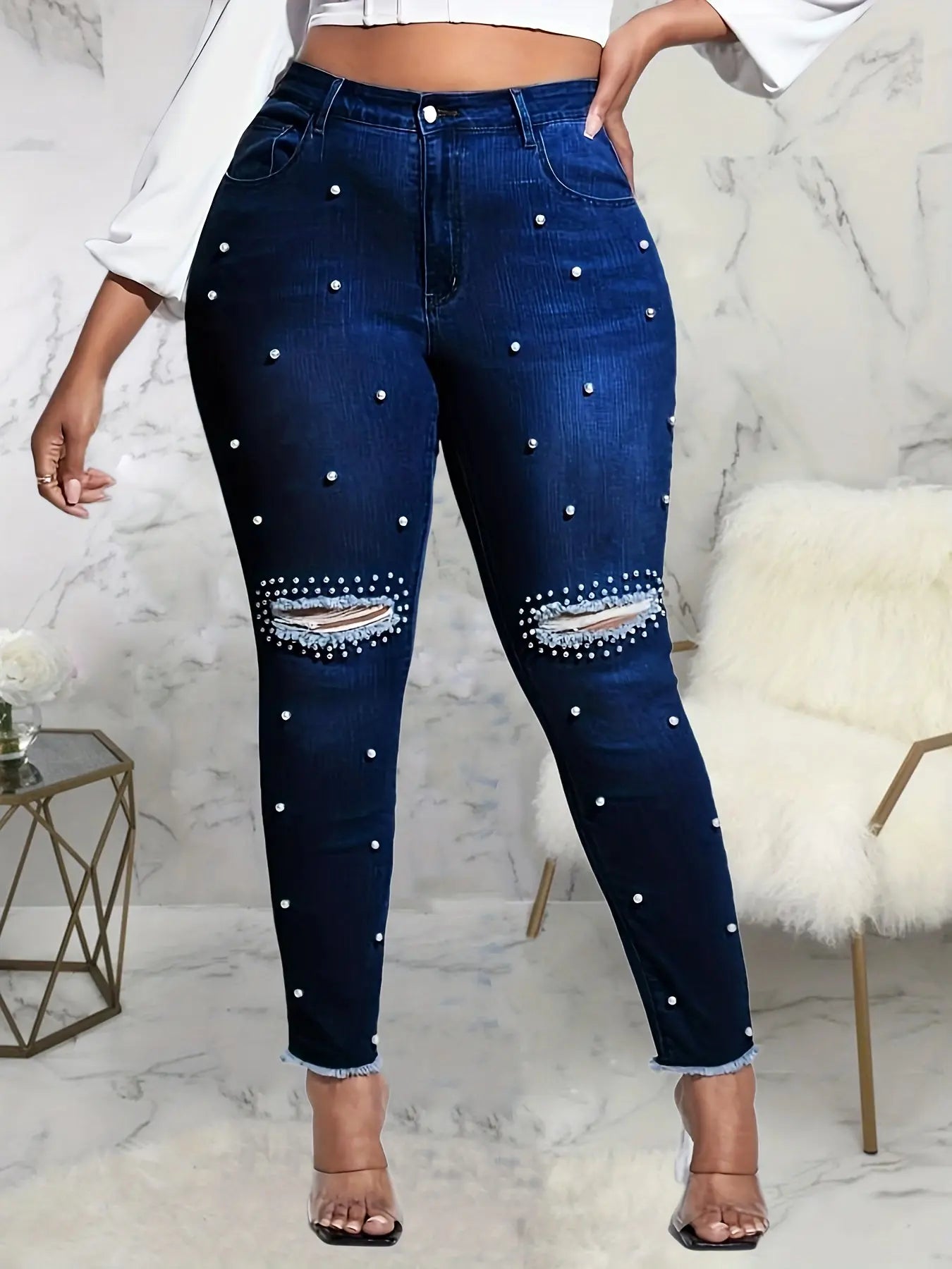 Plus Size Casual Jeans, Women's Plus Faux Pearl Decor Washed Ripped Button Fly Fringe Trim High Rise High Stretch Skinny Jeans For Fall Temu