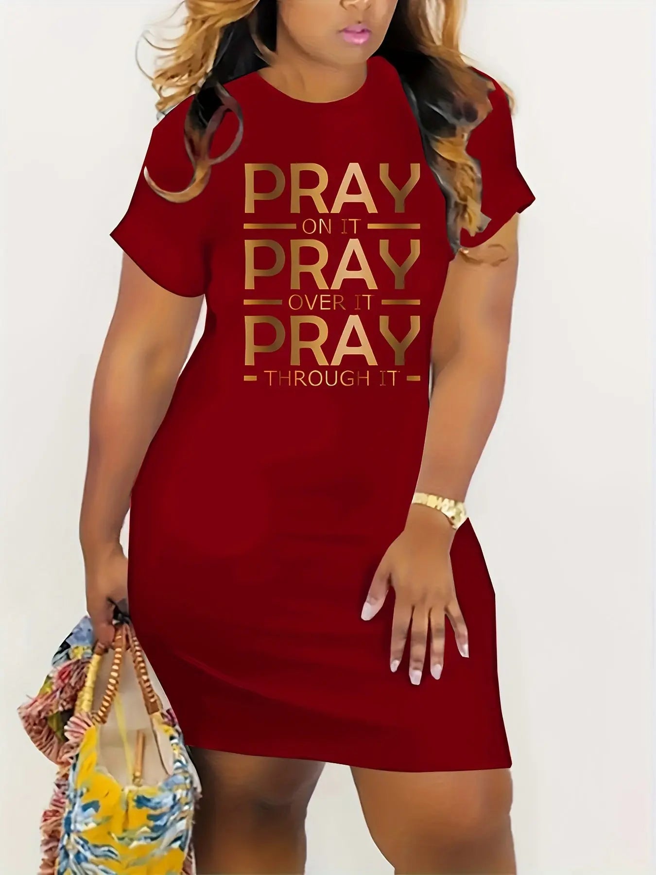 Chic Plus Size Women's "Pray On It Pray Over It Pray Through It" Golden Letter Print T-Shirt Dress - Stretchy Polyester Blend Crew Neck, Machine Washable, All-Season Casual & Office Wear, Ladies T-shirts, Bold Graphic Tee, No Chic Le'Meek