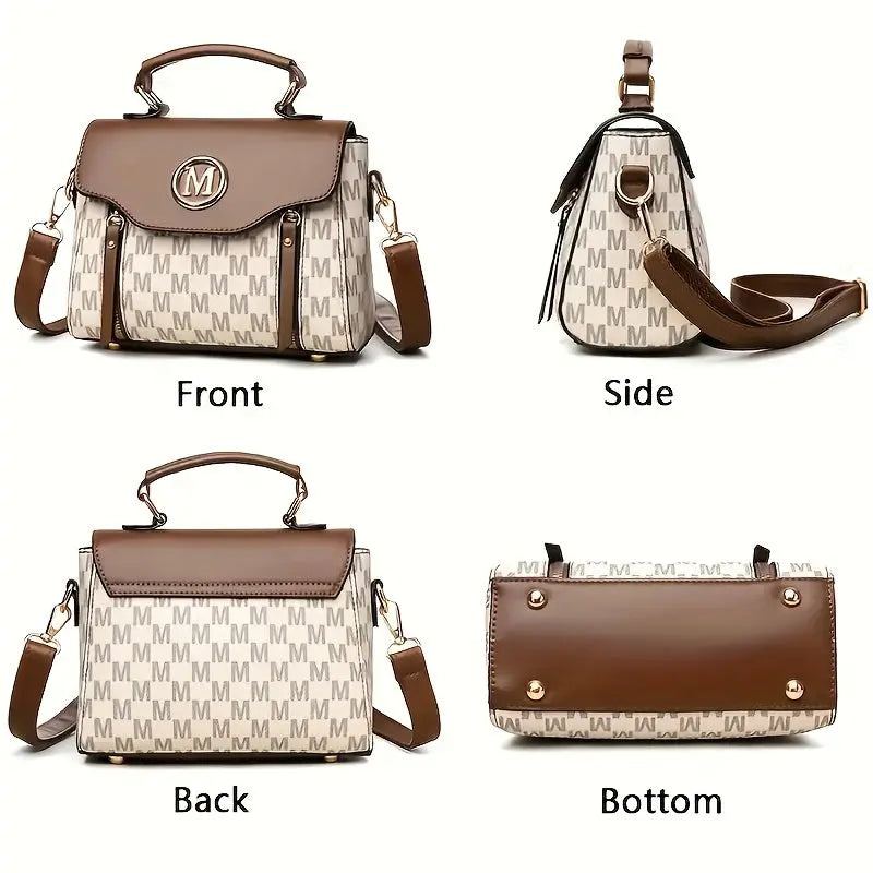 Vintage Geometric Women's Handbag - Large Capacity PU Shoulder Bag with Golden-Tone Hardware, Herringbone Pattern & Letter "M" Design, Detachable Strap, Perfect for Everyday Use (Light Brown/White/Black) Chic Le'Meek