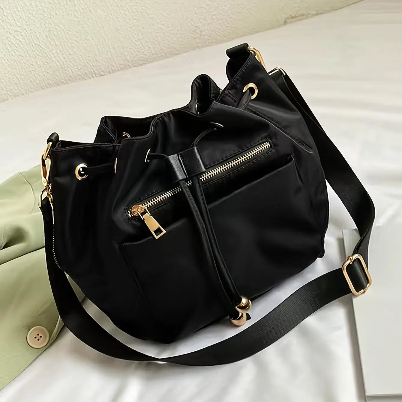Small Camouflage Pattern Bucket Shoulder Bag - Durable Nylon Material, Classic Drawstring Closure, Polyester Lining, Edge Painted Temu