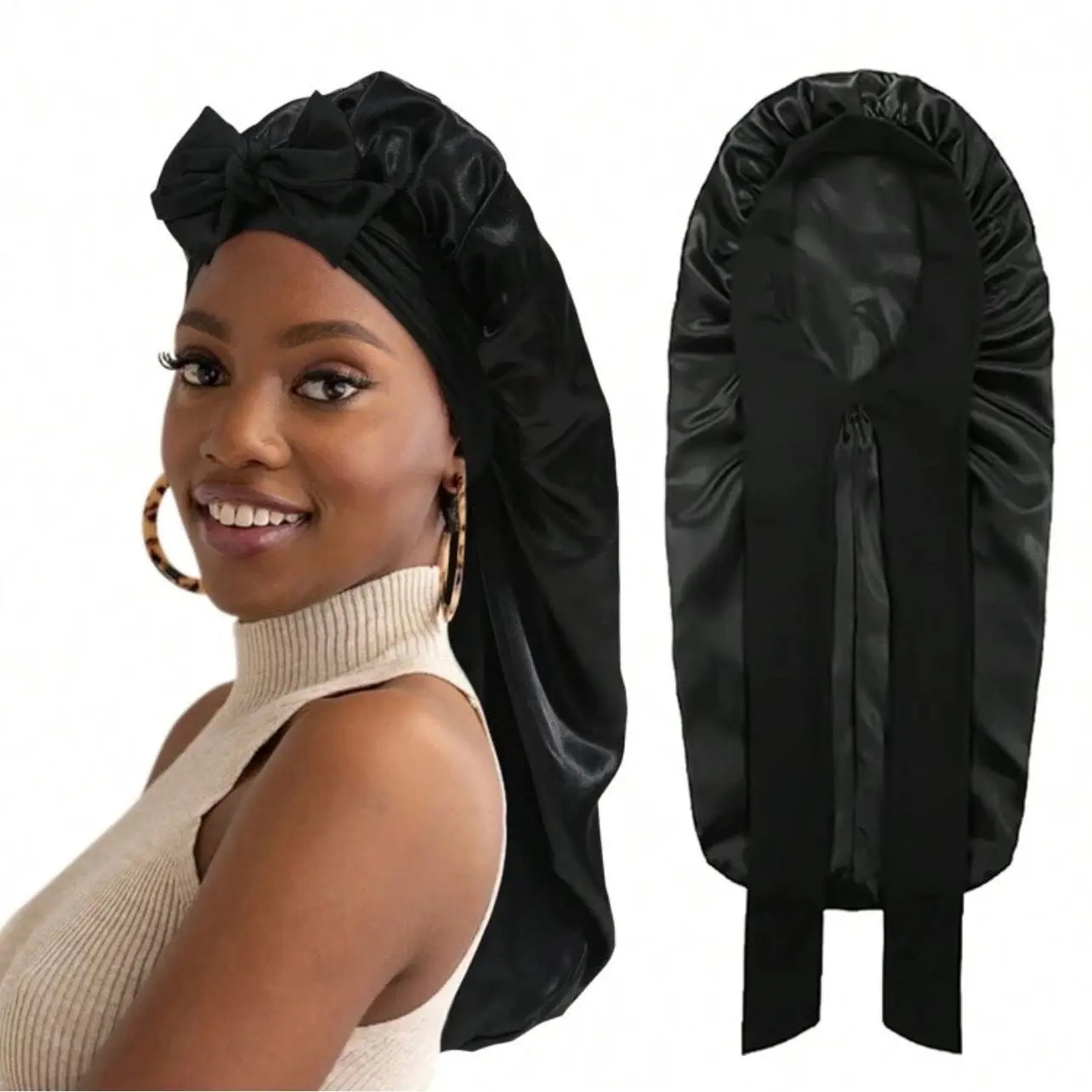 Women's Elastic Tie Band Long Satin Bonnet for Long Curly Hair - Gentle Hair Care Sleeping Cap with Smooth Texture and Soft Inside Chic Le'Meek