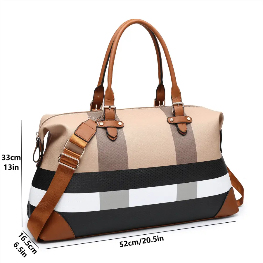 PU leather large overnight travel bag striped pattern handbag carry-on luggage bag suitable for vacation, overnight, camping, hiking, sports and fitness Chic Le'Meek