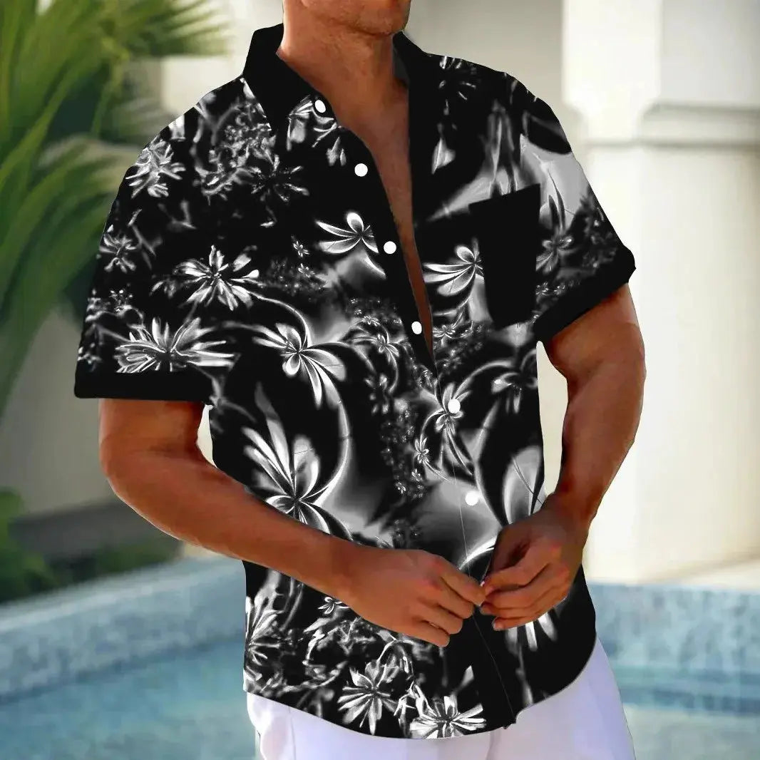 Men's Luminous Floral 3D Digital Print Shirt Hawaiian Style Casual Short Sleeved Top Temu