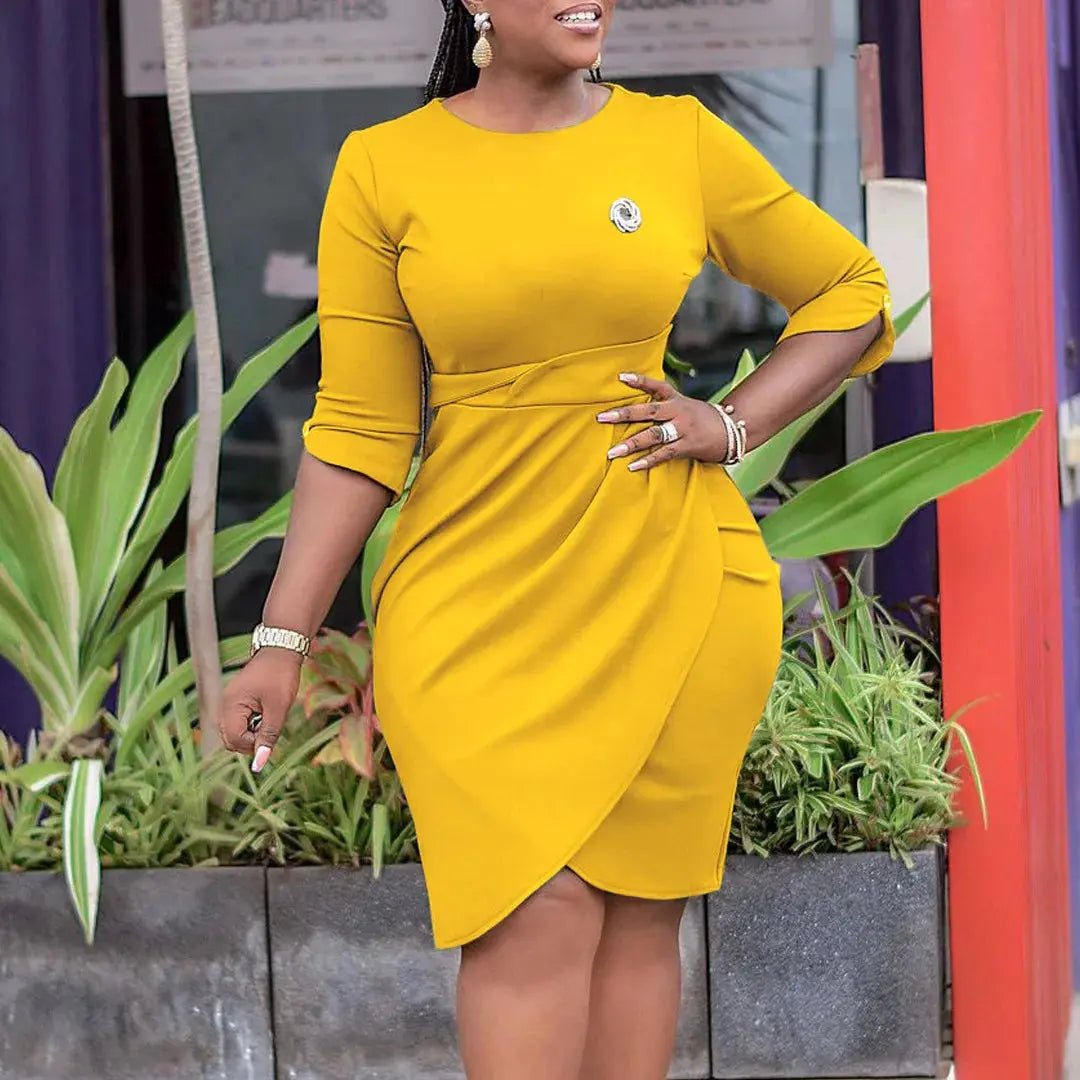 Lady Elegant Summer Dress O-neck Half Sleeve Solid Casual Midi Dresses Alibaba