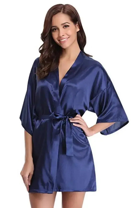 RB032 2018 New Silk Kimono Robe Bathrobe Women Silk Bridesmaid Robes Sexy Navy Blue Robes Satin Robe Ladies Dressing Gowns Chic Le'Meek