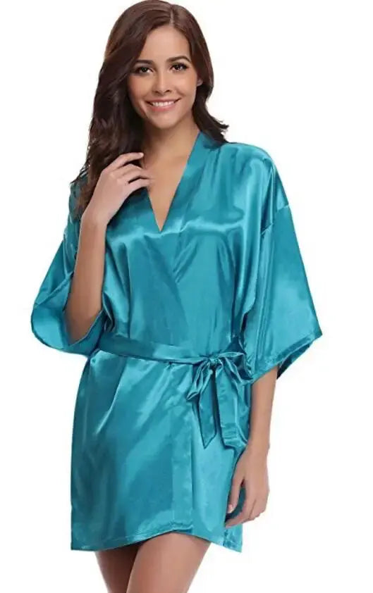 RB032 2018 New Silk Kimono Robe Bathrobe Women Silk Bridesmaid Robes Sexy Navy Blue Robes Satin Robe Ladies Dressing Gowns Chic Le'Meek