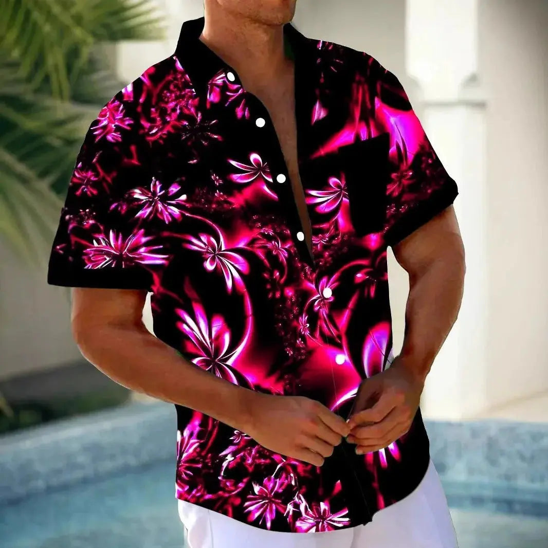 Men's Luminous Floral 3D Digital Print Shirt Hawaiian Style Casual Short Sleeved Top Temu