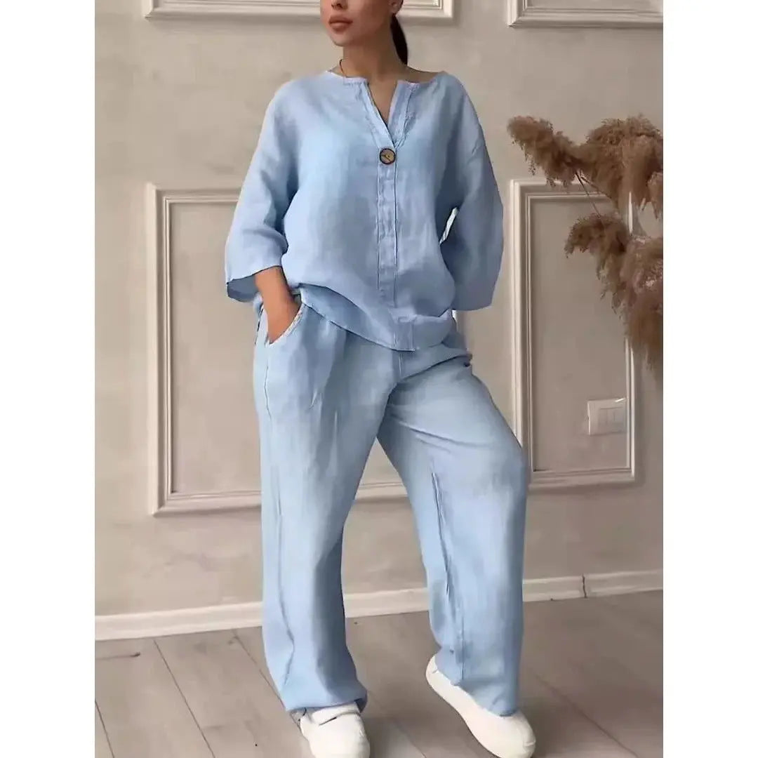 Solid Color Top Casual Suit Pants Solid Color and V-neck Tops pants suit Tmall