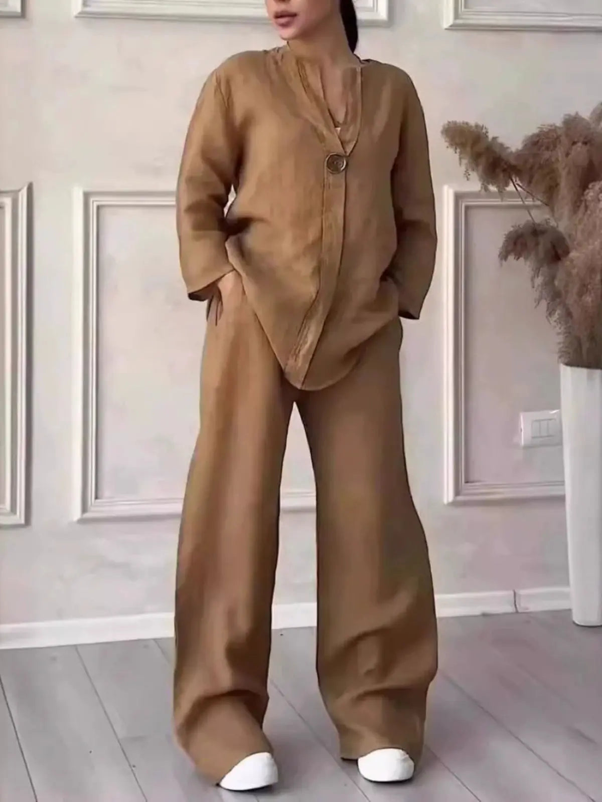 Solid Color Top Casual Suit Pants Solid Color and V-neck Tops pants suit Tmall
