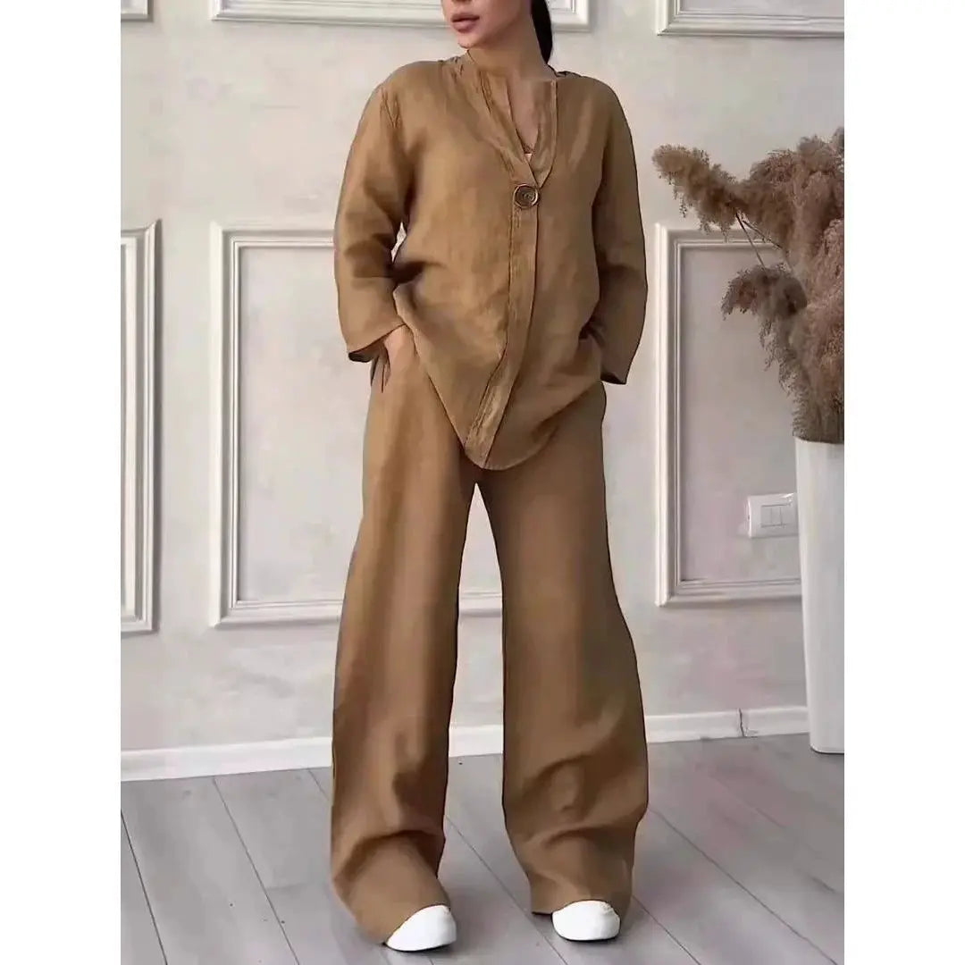 Solid Color Top Casual Suit Pants Solid Color and V-neck Tops pants suit Tmall