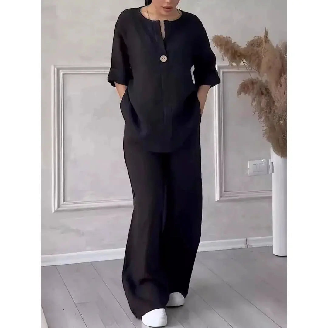 Solid Color Top Casual Suit Pants Solid Color and V-neck Tops pants suit Tmall