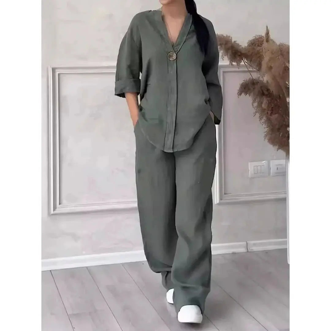 Solid Color Top Casual Suit Pants Solid Color and V-neck Tops pants suit Tmall