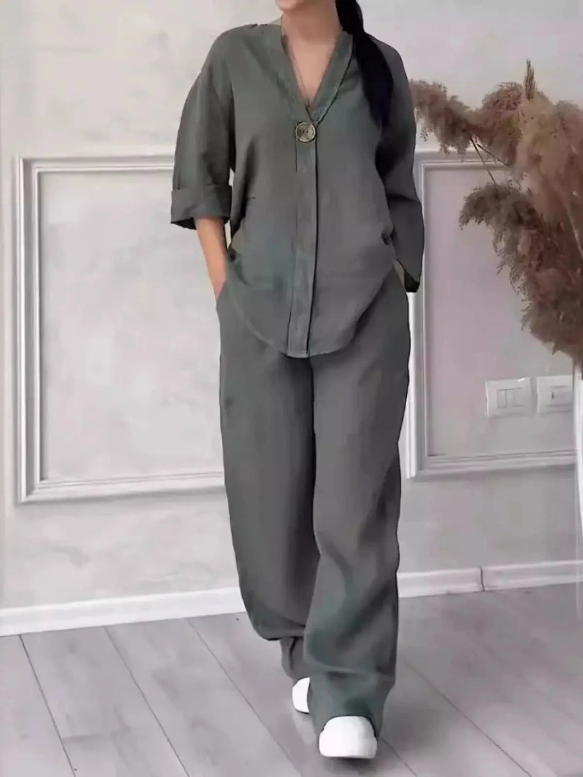 Solid Color Top Casual Suit Pants Solid Color and V-neck Tops pants suit Tmall