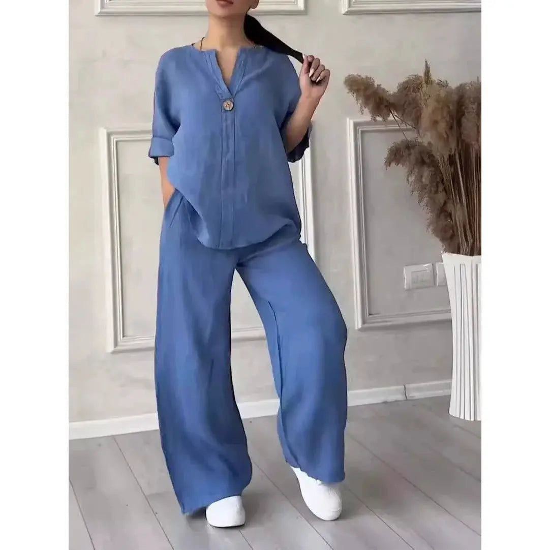 Solid Color Top Casual Suit Pants Solid Color and V-neck Tops pants suit Tmall