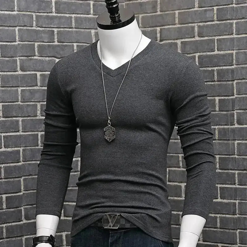 Men Casual Long Sleeve Pull on V neck Bottoming Shirt Tees Chic Le'Meek