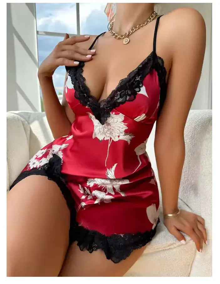 Lace Trim Leopard Nightdress V Neck Backless Side Split Slip Sleep Dress Women's Sleepwear Dresses Chic Le'Meek