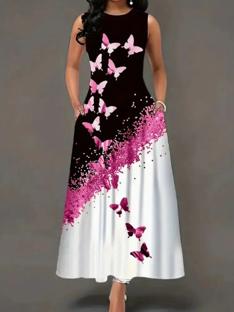 Plus size dress spring and summer new style dress European and American butterfly print pocket round neck vest A-line dress Chic Le'Meek