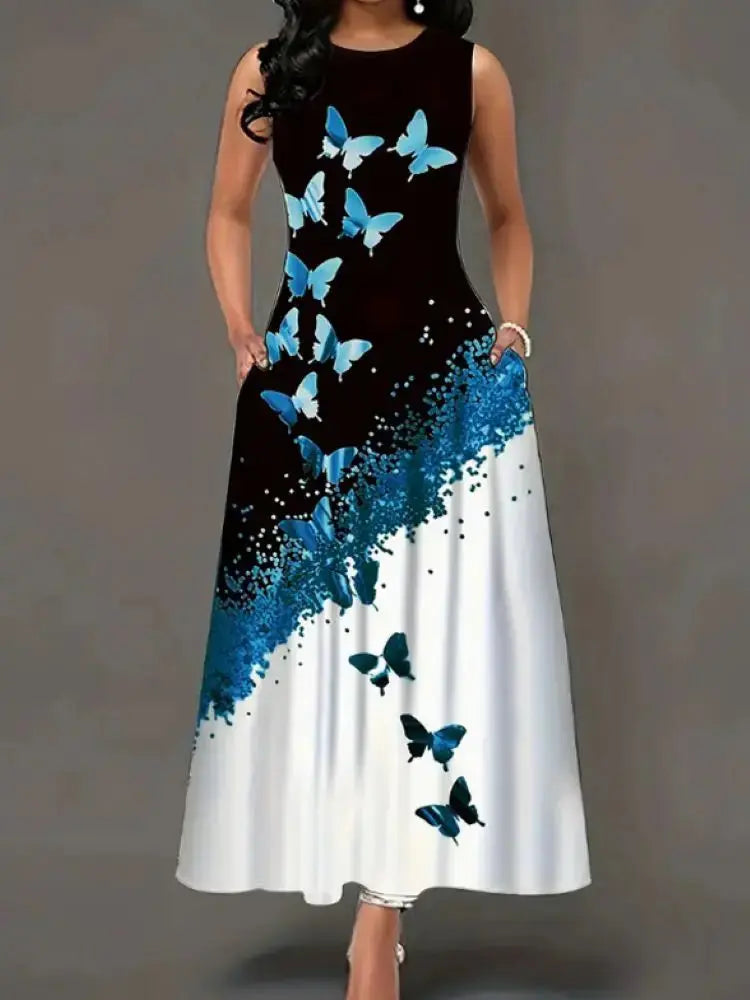 Plus size dress spring and summer new style dress European and American butterfly print pocket round neck vest A-line dress Chic Le'Meek