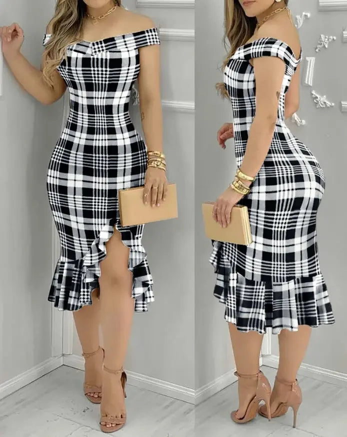 Casual Women's Dresses 2025 Spring Geometric Color Block Print Chic Le'Meek