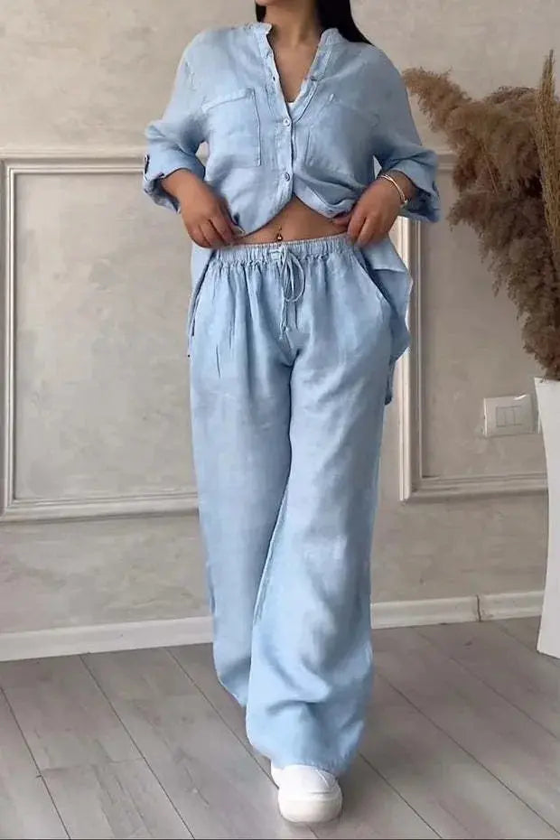 Women Plus Size Two Pieces Set Drawstring Straight Elastic Waist and Long Sleeve Button Shirt Top Matching Set Linen Cotton Set Chic Le'Meek
