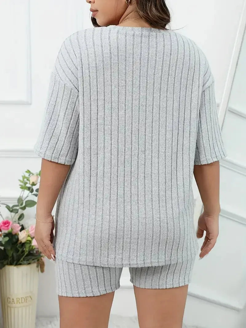 Plus Size Women's Lounge Set Top and Shorts Sets Ladies Solid Ribbed Short Sleeve Round Neck Top & Shorts Pajamas 2 Piece Set Chic Le'Meek
