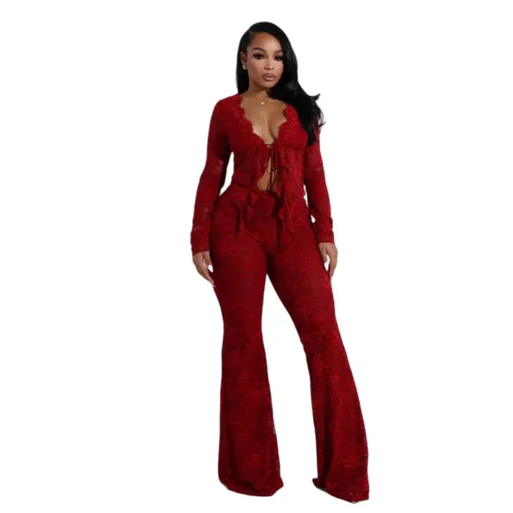 Pant Sets Women Two Pieces Cardigan Lace Sexy Tops Tracksuit Full Wide Leg Pants Loose Fit Casual Spliced High Waist Solid Chic Le'Meek
