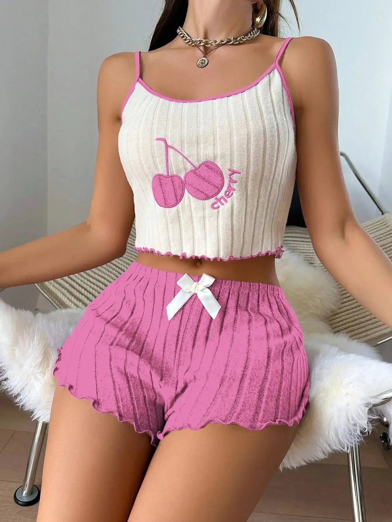 Summer 2pcs Pajamas Set for Women Casual Simple Ground Wool Halter Vest Shorts Set Home Wear Sleepwear Loungerwear Chic Le'Meek